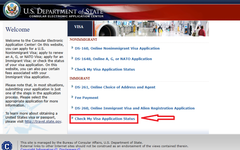 Nhấn vào mục “Check My Visa Application Status” 